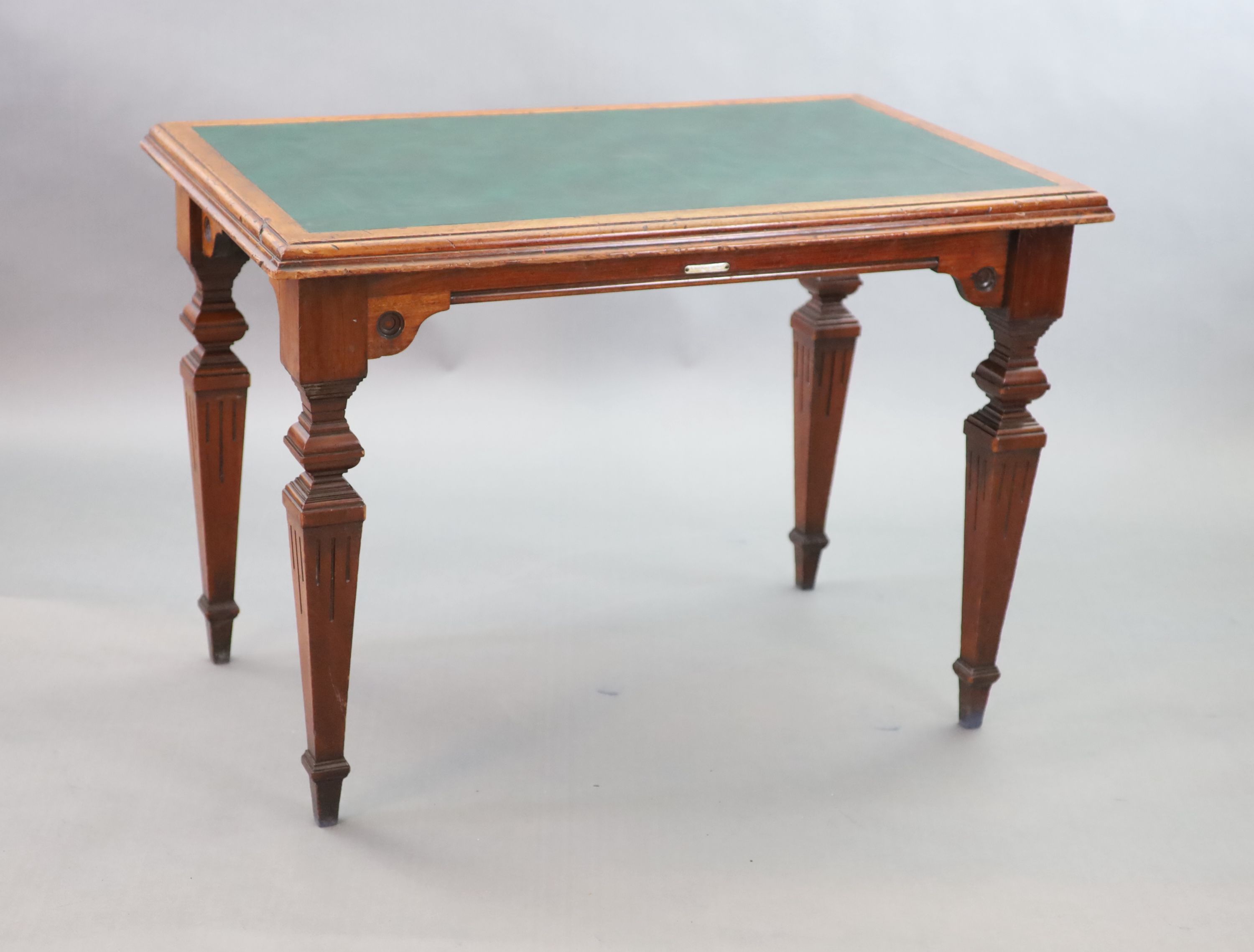 A Victorian mahogany library table, supplied by Sage & Co. Shopfitters of London, W.113cm D.69cm H.78cm
